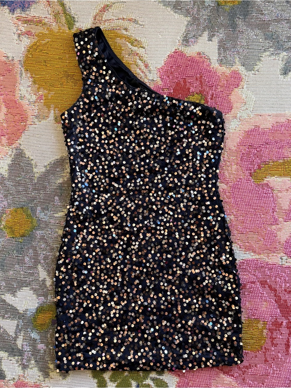 Forever 21 Black One-Shoulder Sequin Mini Dress with Gold Sparkle